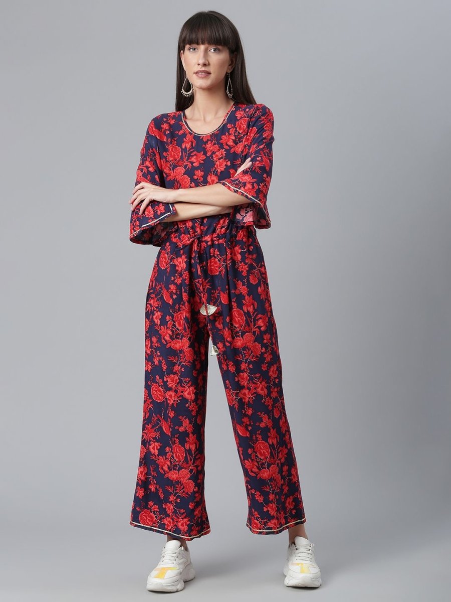 Ahalyaa Womens Navy & Red Rayon Printed Jumpsuit | Swadesiicart