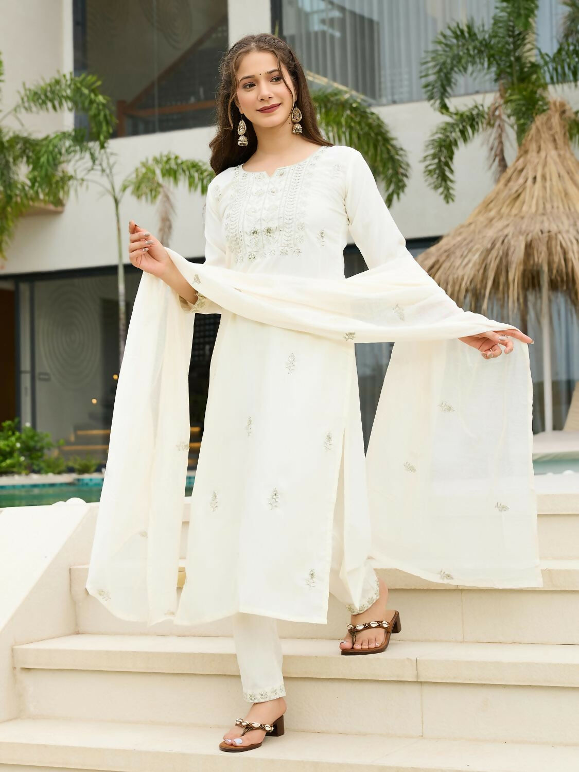 The52 White Women's Beautiful Rayon Slub Fabric Embroidered Work Straight Kurta, Pant and Dupatta Set - Swadesiicart
