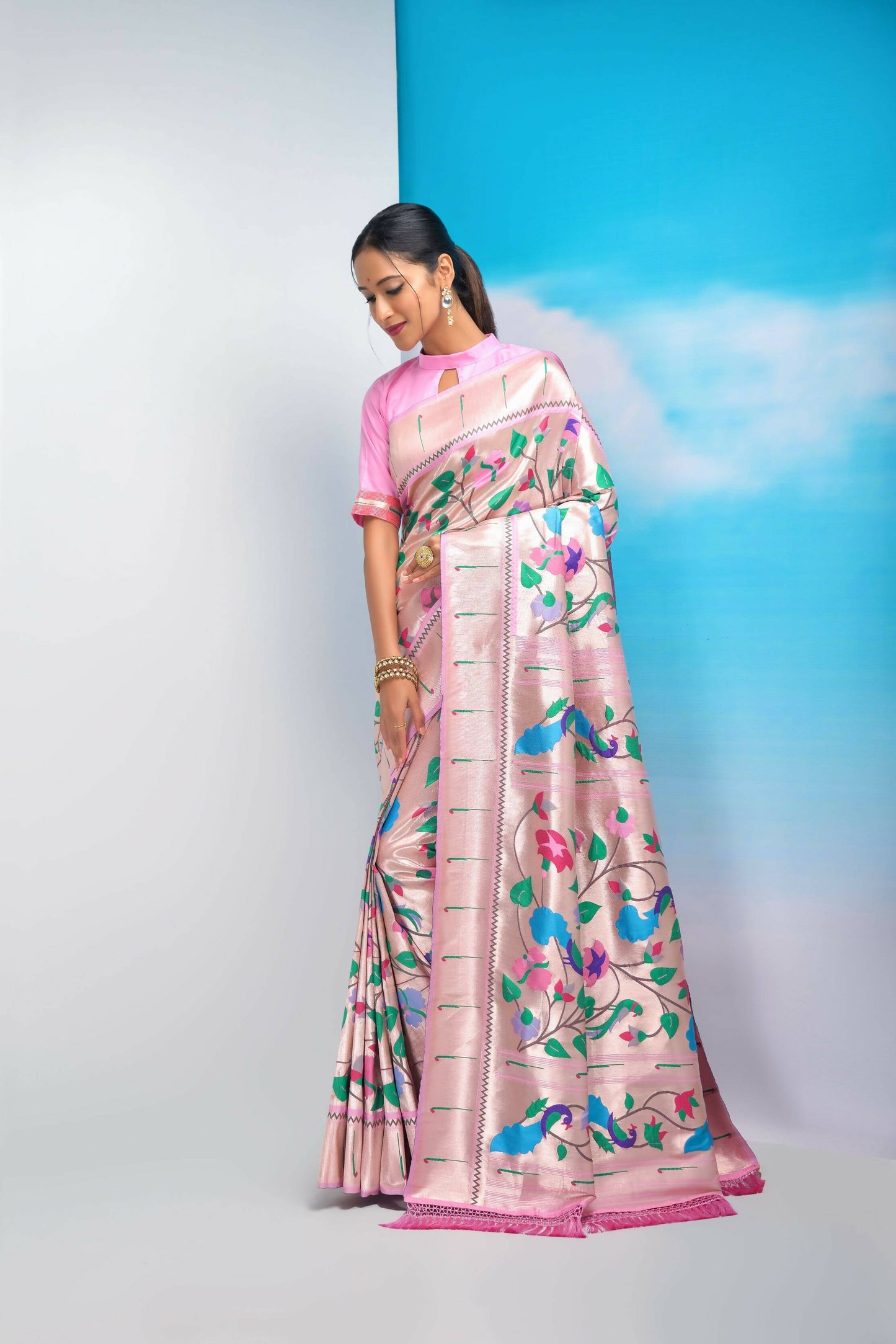 Vishnu Weaves Women's Baby Pink Paithani Silk Minakari Zari Woven Saree with Unstitched Blouse - Swadesiicart