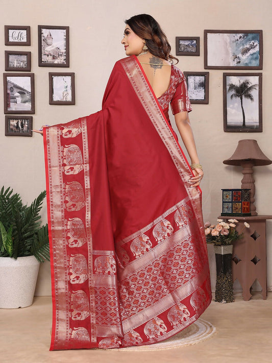 Joban Fashion Red Solid Banarasi Silk Sarees | Swadesiicart