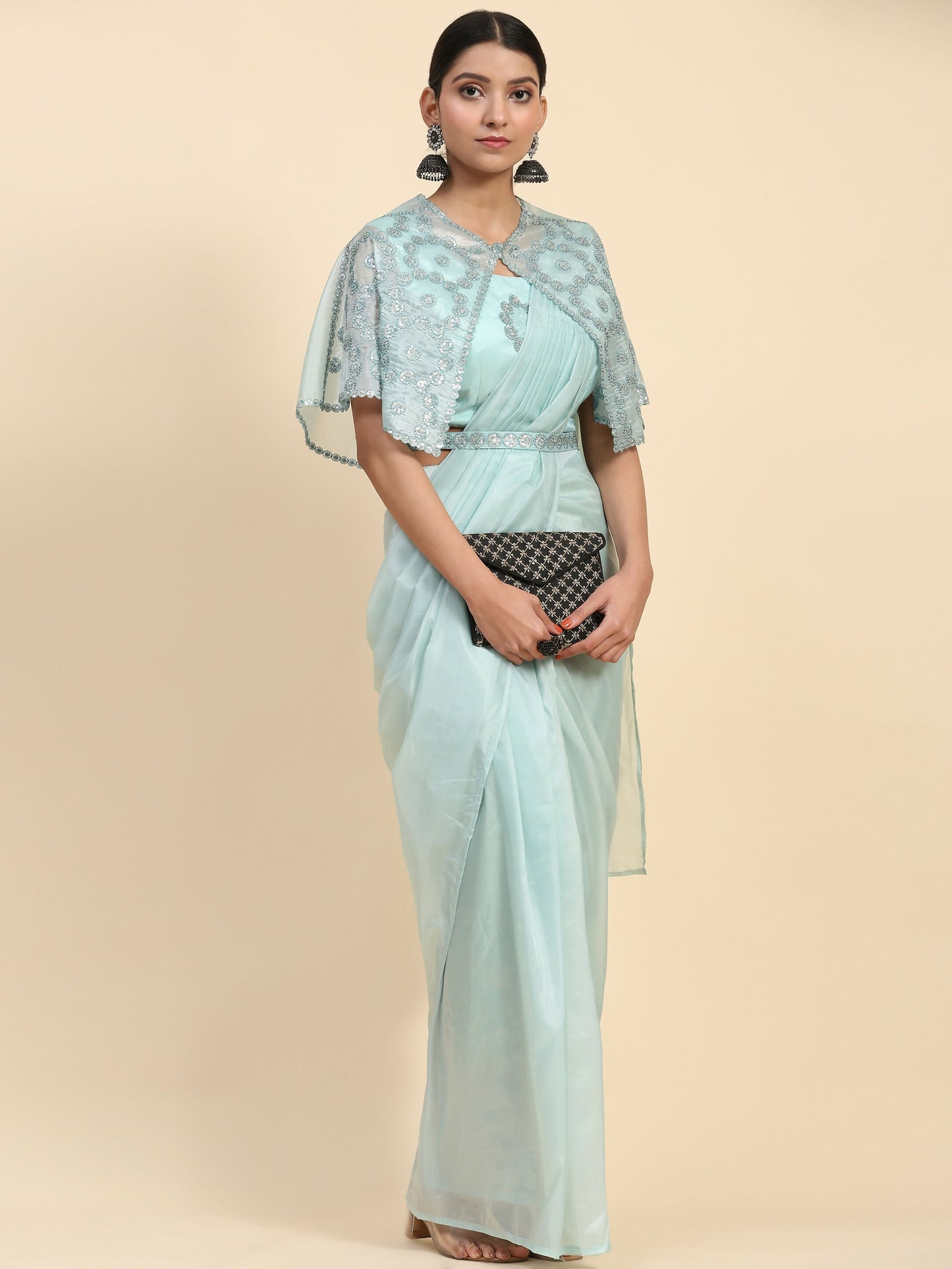 Blue Satin Solid Ready to wear Saree with stitched Blouse - Vanita | Swadesiicart