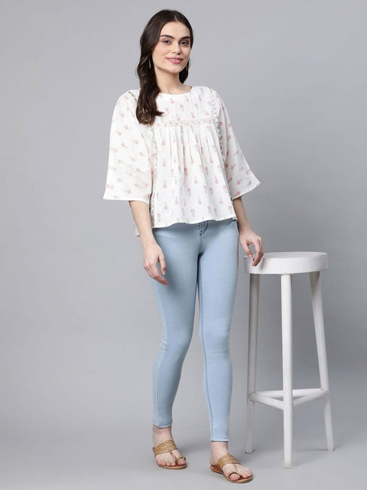 Ahalyaa Off White Pure Cotton Floral Printed Tunic | Swadesiicart