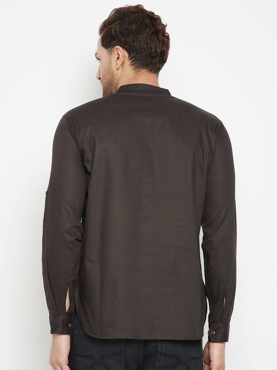 Even Apparels Brown Pure Cotton short Men's Kurta With Band Collar | Swadesiicart