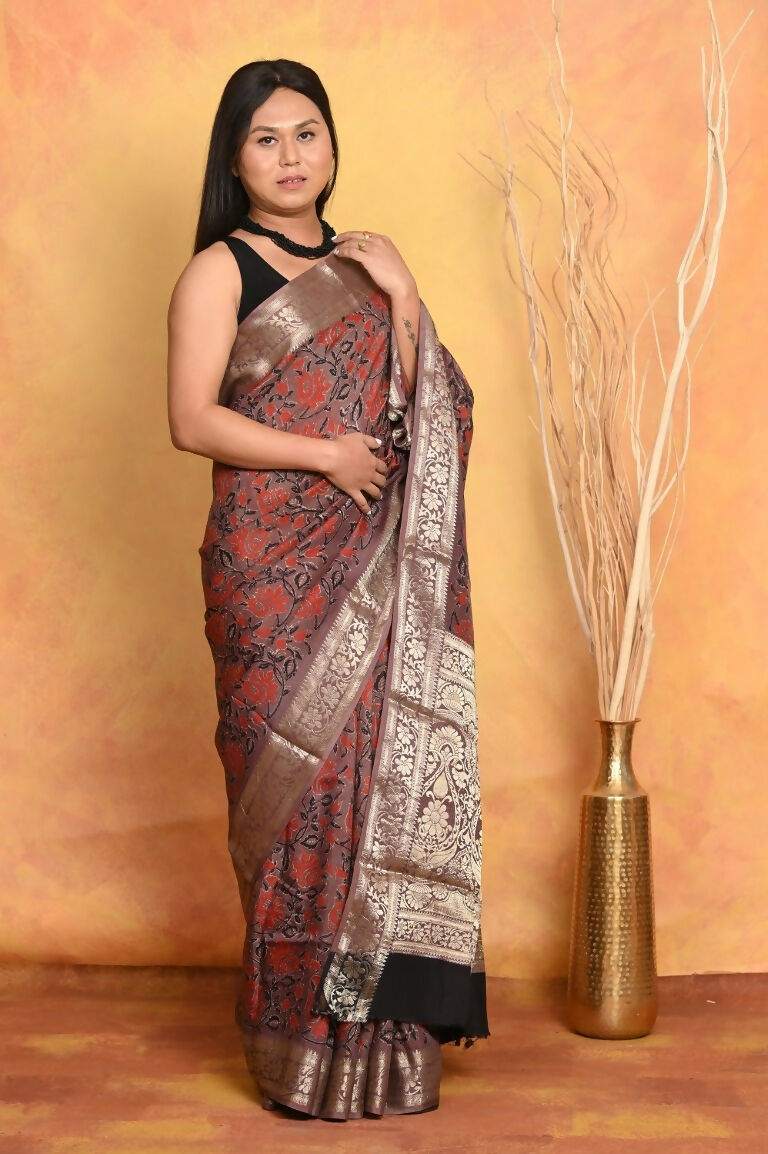 Very Much Indian Modal Silk Ajrakh Handblock Printed Natural Dyes With Designer Border Saree - Maroon | Swadesiicart