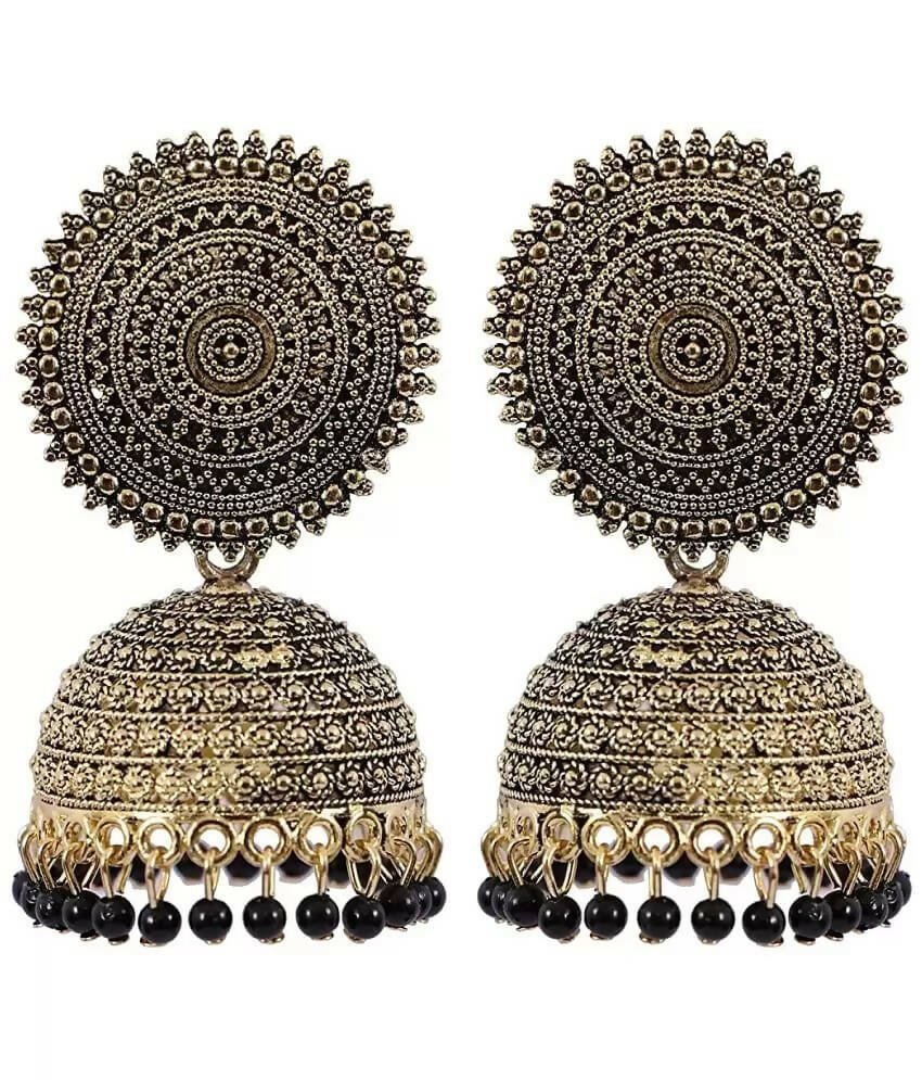 Mominos Fashion Joharkamal Gold-Polished Meenakari Jhumkas For Women & Girls (Black) - Mominos Fashion