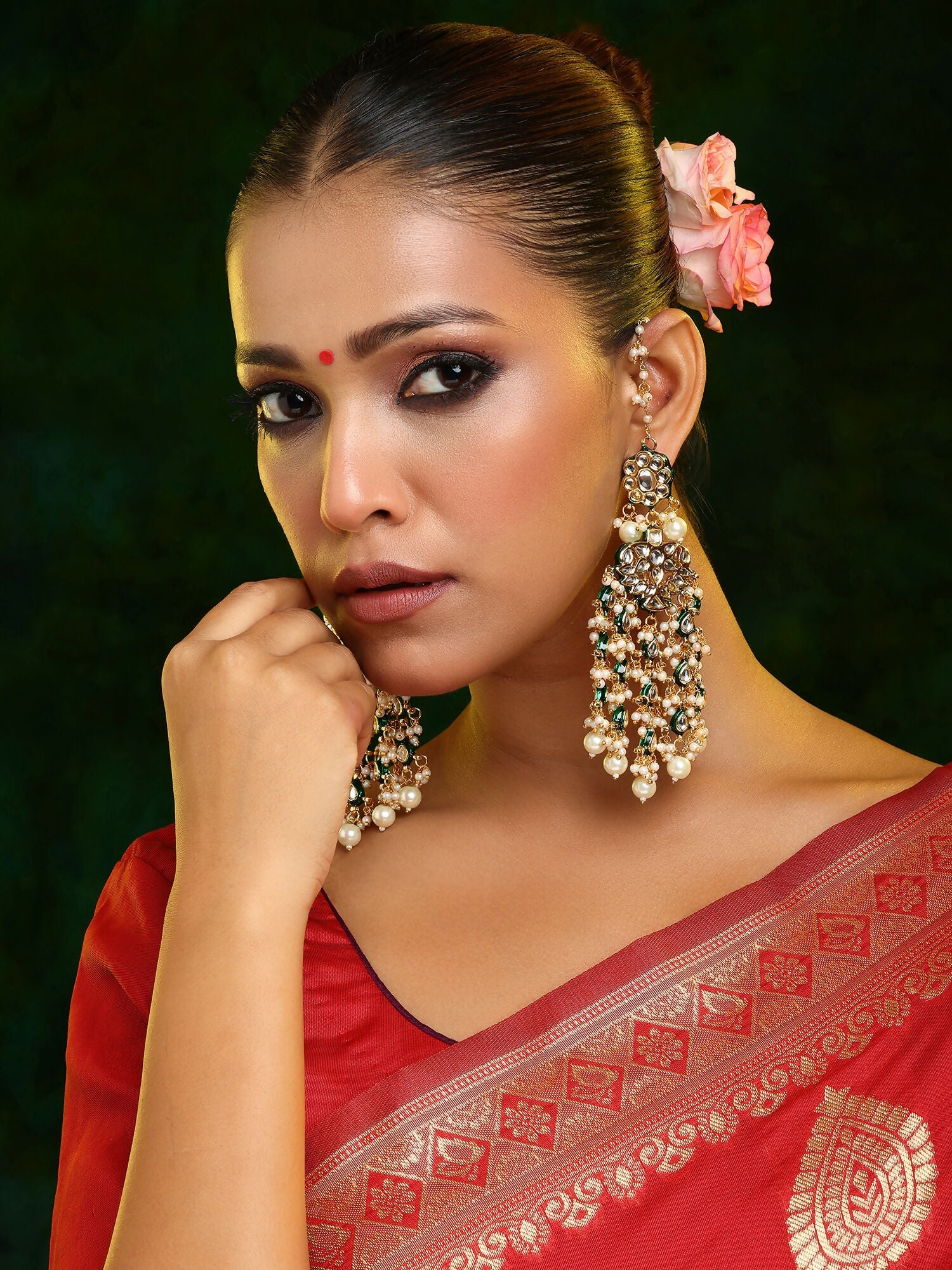 Ruby Raang 22k Gold Polished Kundan Chand Earrings With Ear Chains | Swadesiicart