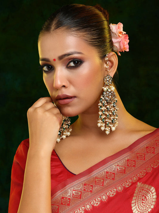 Ruby Raang 22k Gold Polished Kundan Chand Earrings With Ear Chains | Swadesiicart