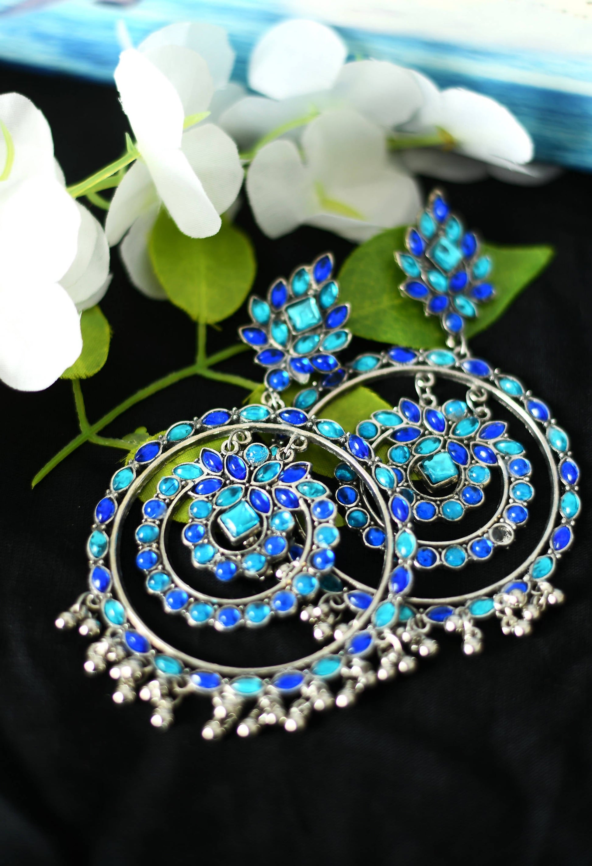 Mominos Fashion Johar Kamal Women's Blue Kundan Circles Earrings - Swadesiicart