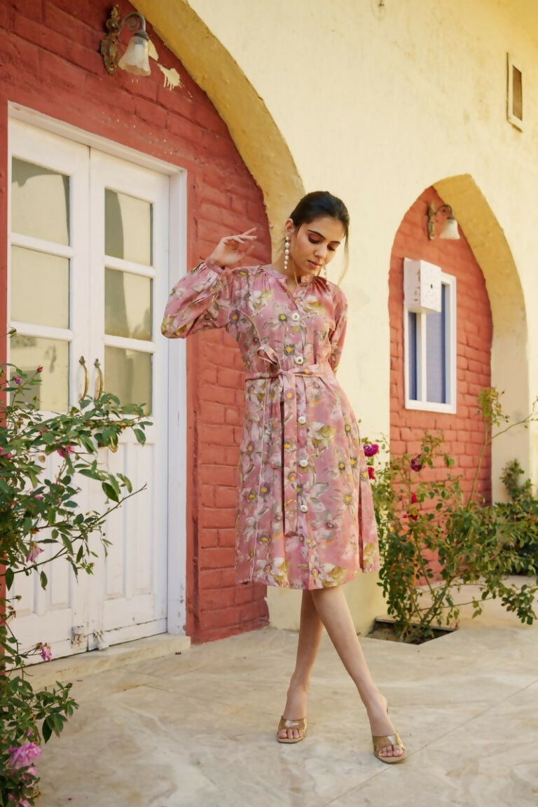 Vaasva Women Pink Muslin Floral Printed Knee Length Dress | Swadesiicart
