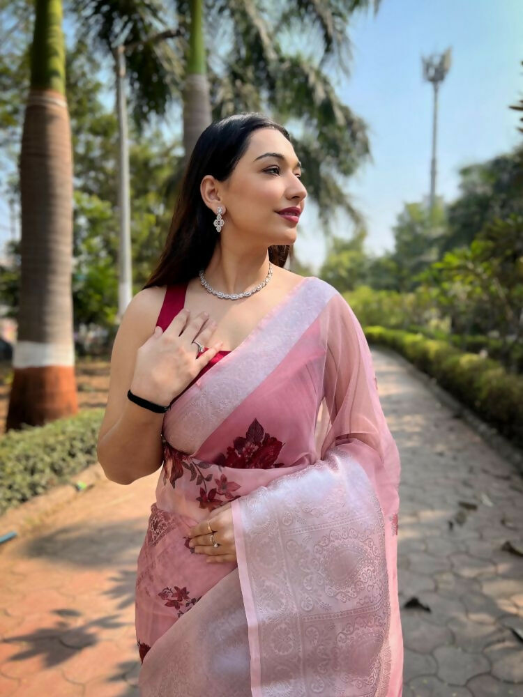 Vamsee Mehar Baby Pink Organza Saree - Swadesiicart