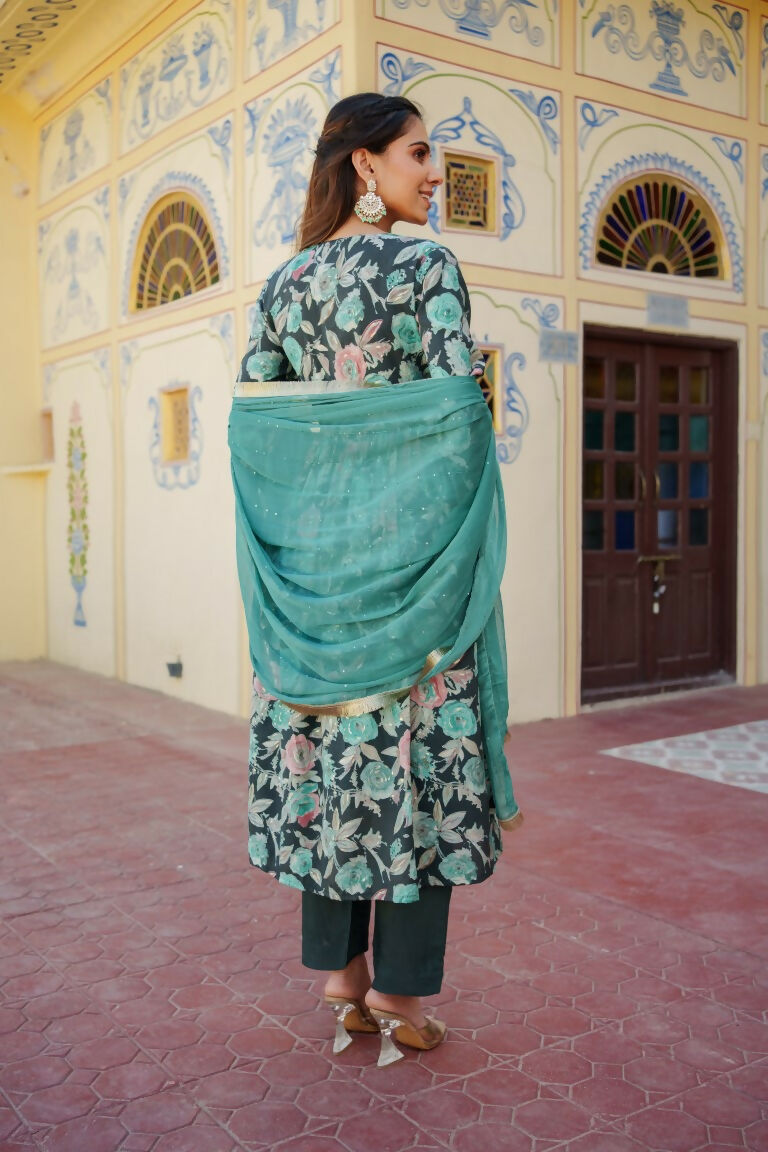 Vaasva Women Teal Muslin Embroidered Kurta, Pant & Dupatta Set | Swadesiicart