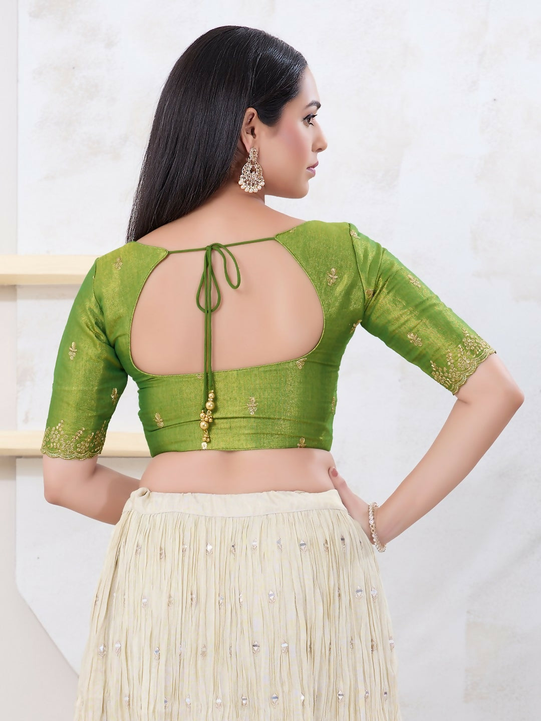 Joban Fashion Green Shimmer Elbow Sleeveless Front Open Blouse - Swadesiicart