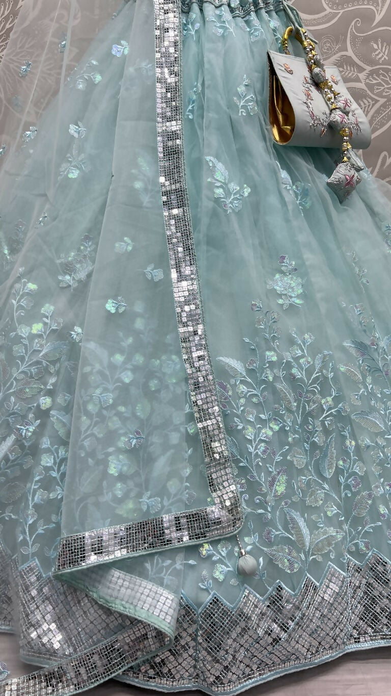 Jyoti Fashion Women's Sky Blue Bridal Net Fancy Sequins with Multi Thread Embroidered Wedding Lehenga Choli | Swadesiicart