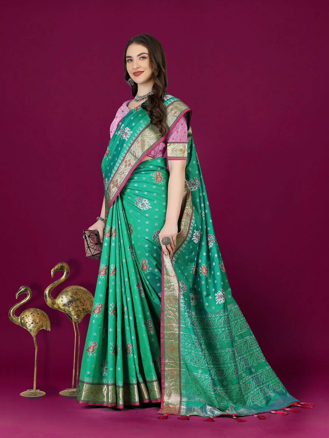 Lorenvalley Fashion Teal Patola Silk Woven Design Zari Meenakari Weaving Saree - Swadesiicart
