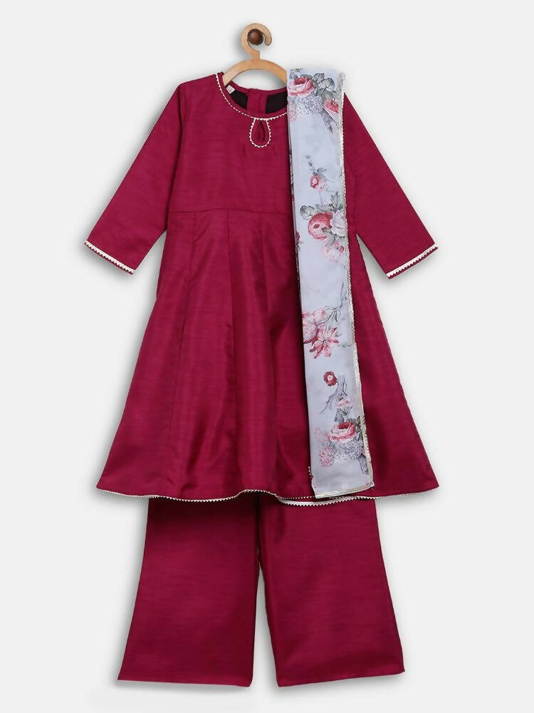 Ahalyaa Wine Poly Silk Curved Kids Kurta Palazzo Set With Bottom For Girls | Swadesiicart