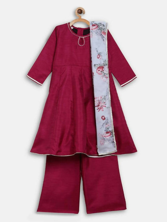 Ahalyaa Wine Poly Silk Curved Kids Kurta Palazzo Set With Bottom For Girls | Swadesiicart