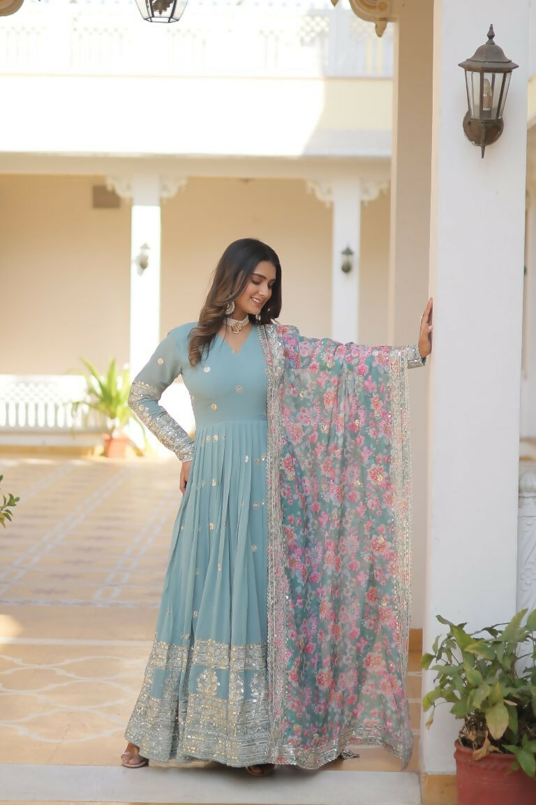 Jyoti Fashion Women's Sky Blue Faux Georgette Sequins Zari Embroideredy Anarkali Dress with Dupatta | Swadesiicart