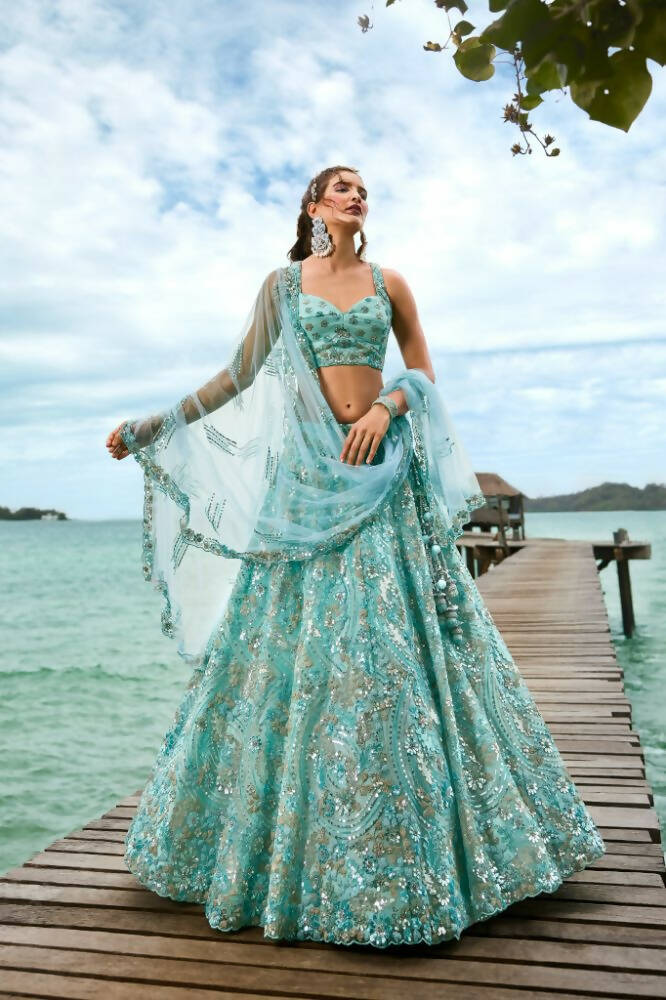 House of Panchhi Turquoise Blue Net Sequins And Zarkan Embroidery Lehenga Choli & Dupatta | Swadesiicart