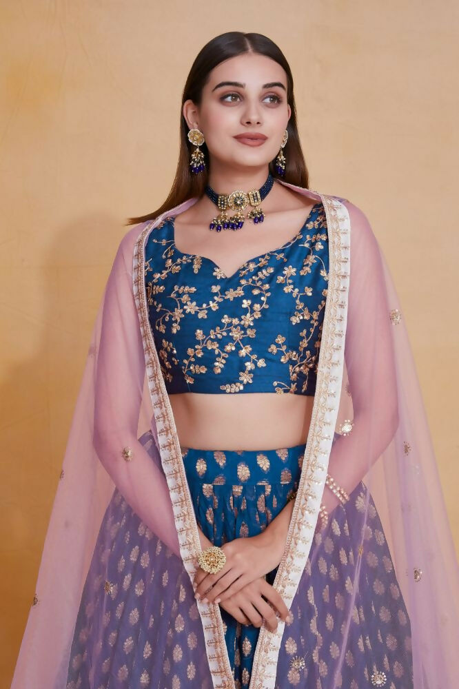 Teal Blue Zari Weaving Work Georgette Banarasi Lehenga Choli - Jihu Culture | Swadesiicart