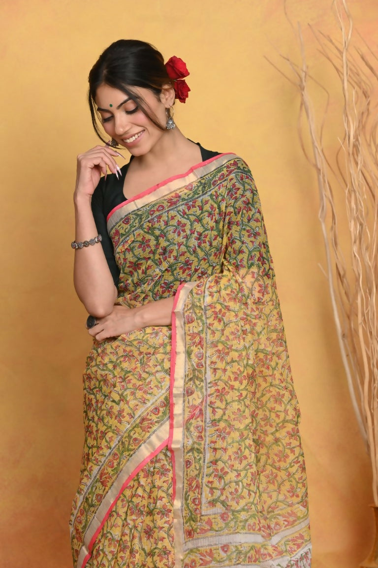 Very Much Indian Pure Kota Cotton Handblock Printed Saree - Yellow | Swadesiicart