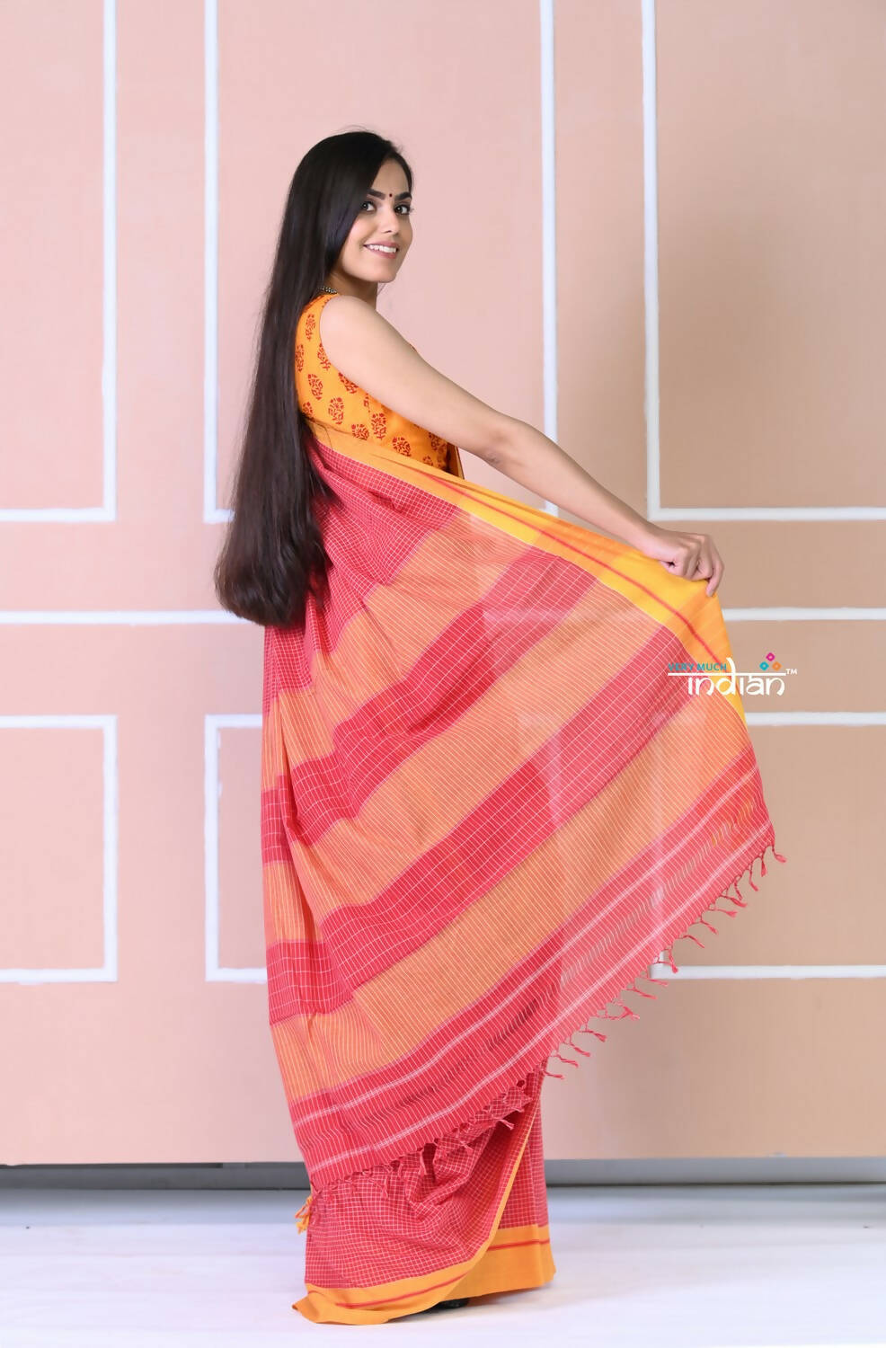 Very Much Indian Traditional Patteda Anchu Ilkal Handloom Saree-Disperse Orange | Swadesiicart
