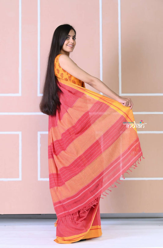 Very Much Indian Traditional Patteda Anchu Ilkal Handloom Saree-Disperse Orange | Swadesiicart