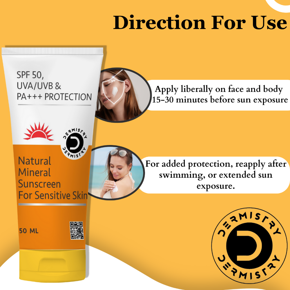 Dermistry Natural Mineral Sunscreen for Sensitive Skin & Children SPF 50 UVA UVB PA+++ Protection - Swadesiicart