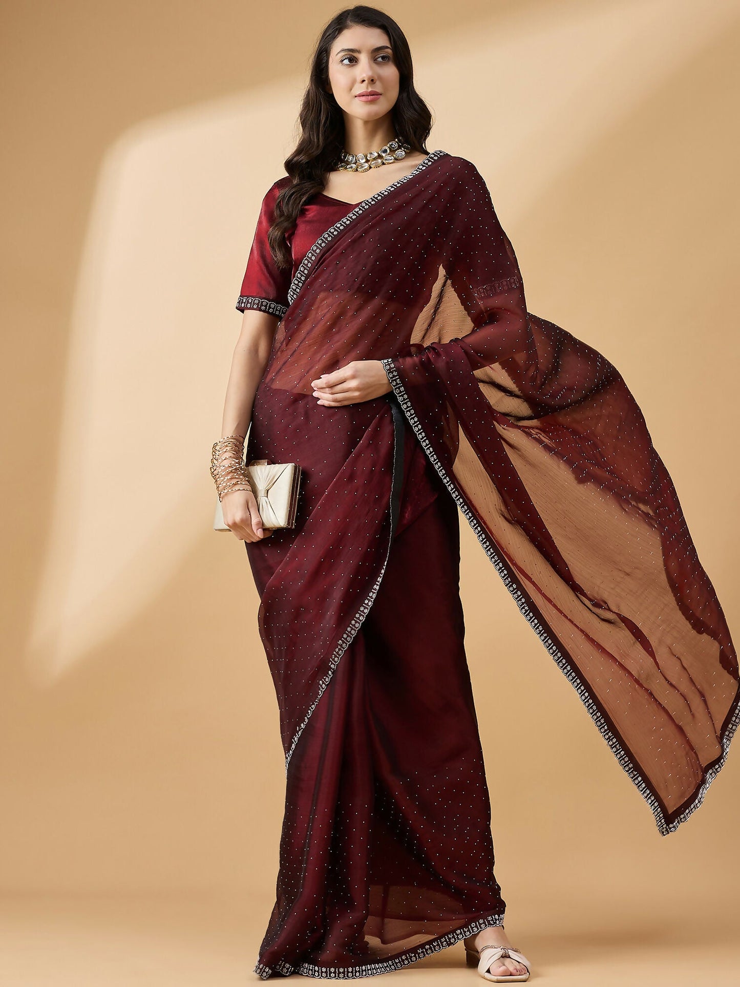 Brown Organza Swaroski Diamond Work Saree with Unstitched Blouse - Radha