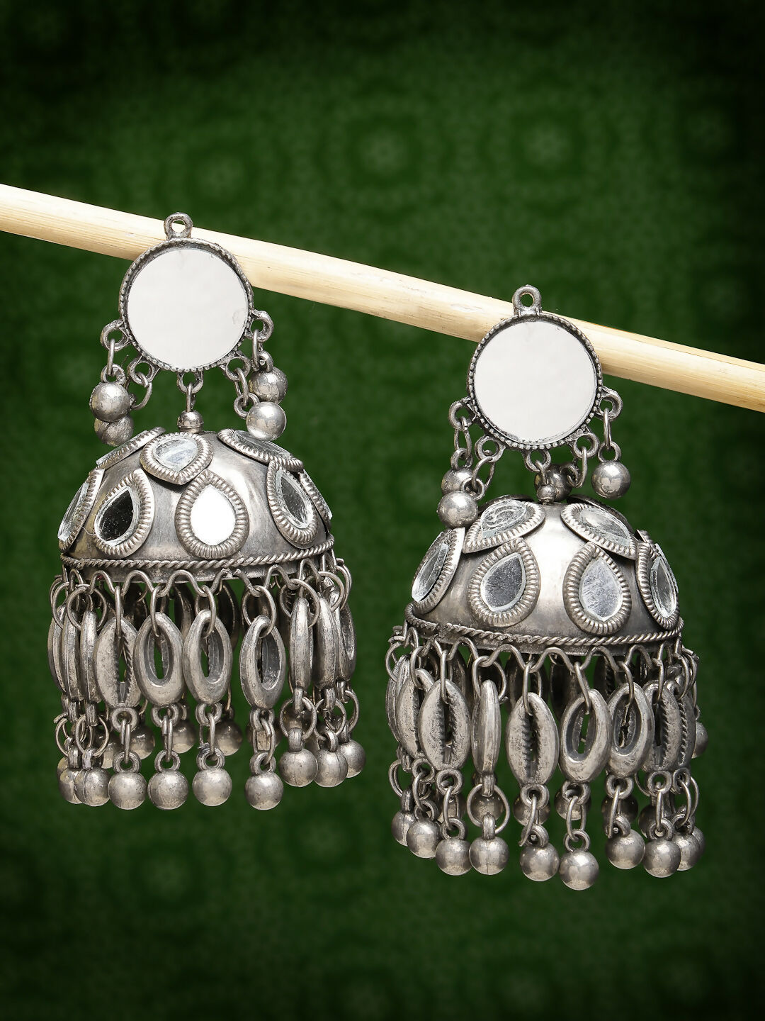NVR Women's Silver Plated Mirror Work Oxidised Contemporary Jhumka Earrings | Swadesiicart
