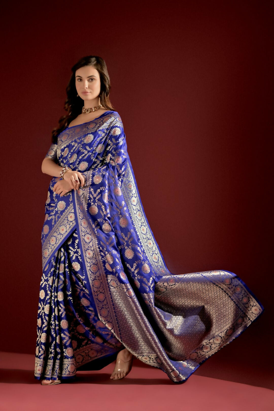 Vishnu Weaves Women's Blue Banarasi Silk Woven Saree with Blouse - Swadesiicart