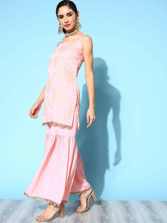 Ahalyaa Women's Baby Pink Crepe Gold Smoke Printed Kurta Sharara Set With Dupatta | Swadesiicart