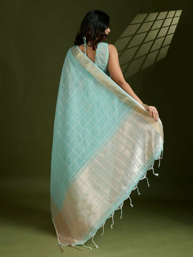 Vishnu Weaves Women's Sea-Green Soft Silk Zari Woven Saree with Blouse - Swadesiicart