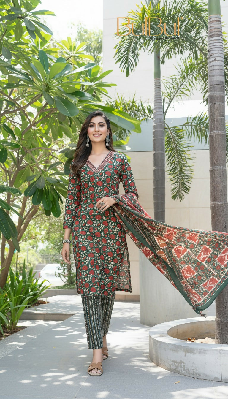 BulBul Fashionista Green Cotton Kurta Set with Dupatta - Swadesiicart
