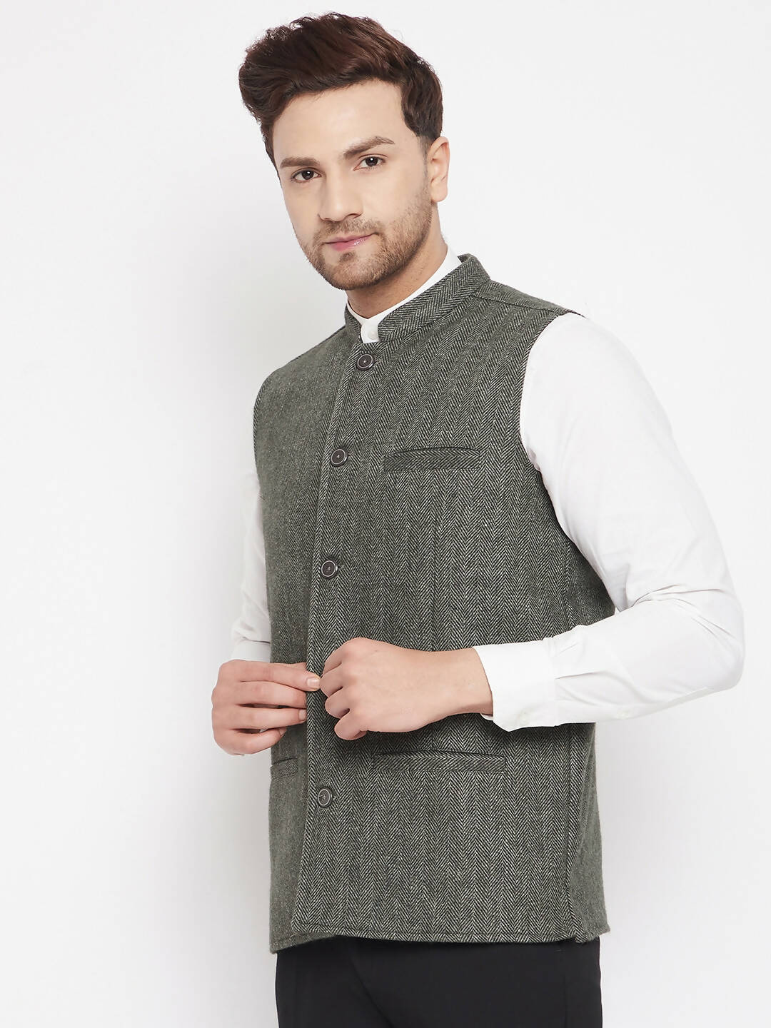 Even Apparels Green Wool Men Woven Nehru Jacket | Swadesiicart