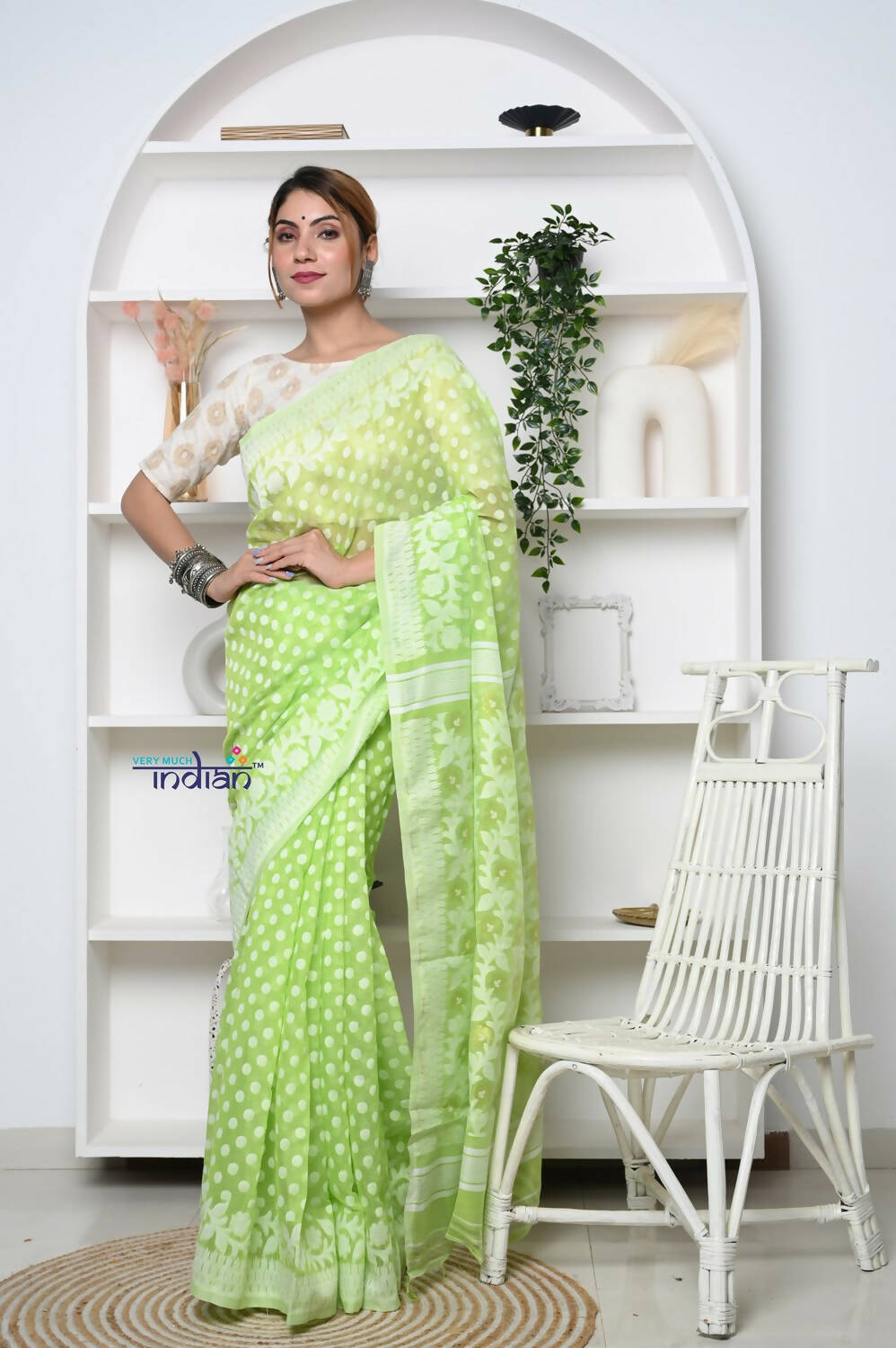 Very Much Indian Jamdhani Cotton Saree - Pista Green | Swadesiicart