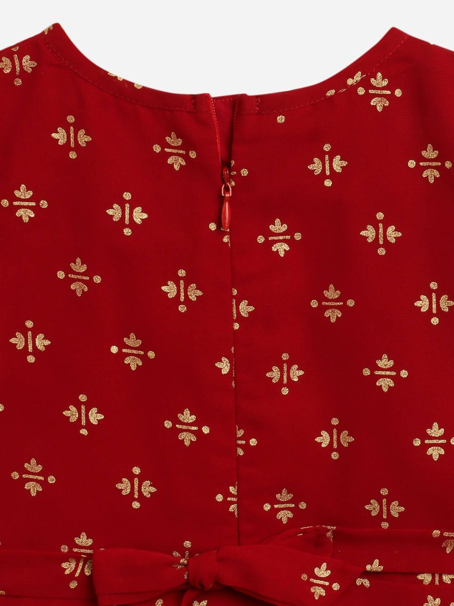 Ahalyaa Maroon Georgette Gold Foil Print Kids Peplum style Kurta Sharara Set With Dupatta For Girls | Swadesiicart