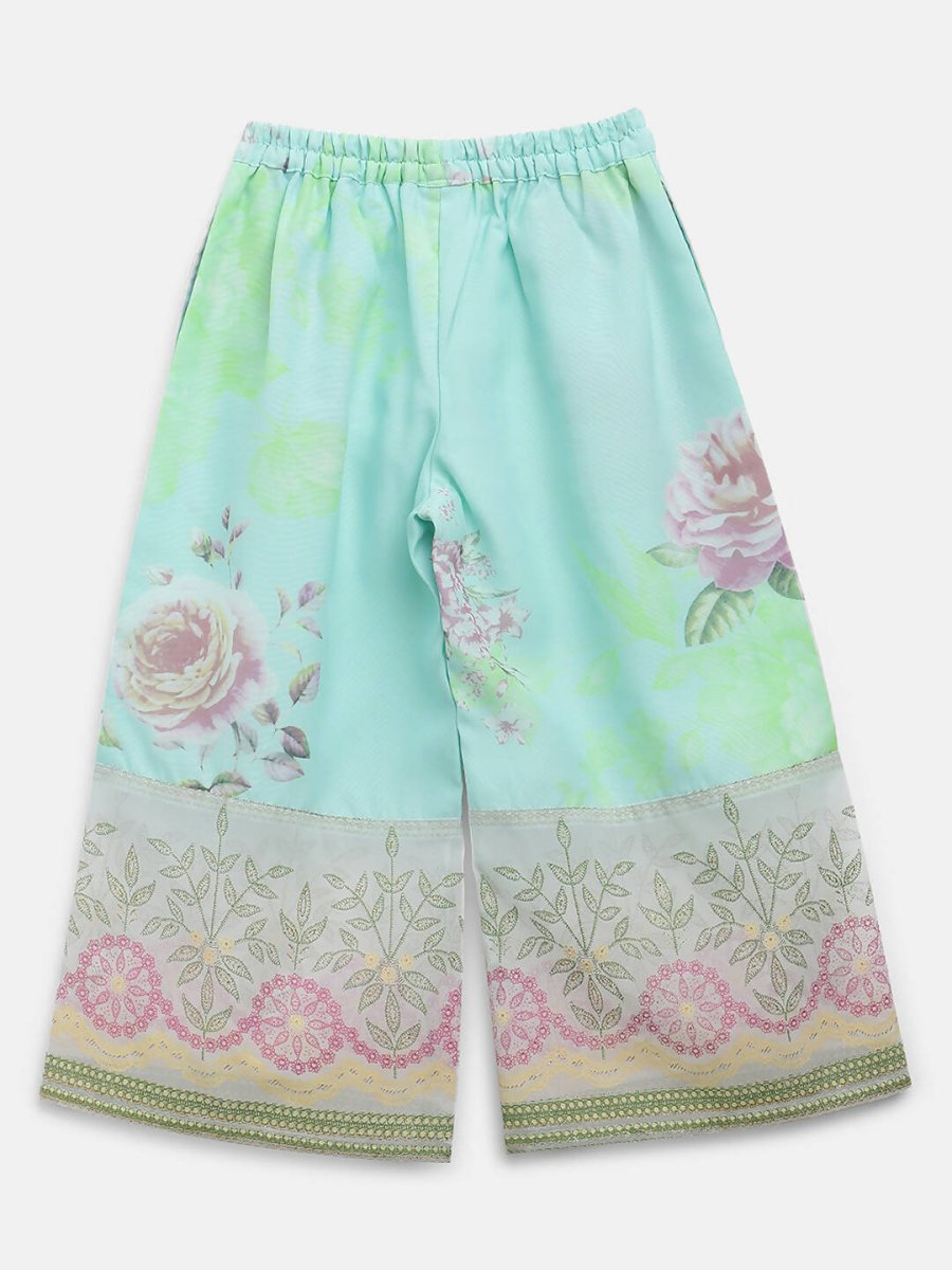 Ahalyaa Aqua Blue Crepe Printed Kids Kurta Palazzo Sets For Girls | Swadesiicart