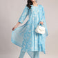 Aavyora Women's Sky Blue Floral Printed A-Line Kurta with Pintucks, Striped Pants & Dupatta Set
