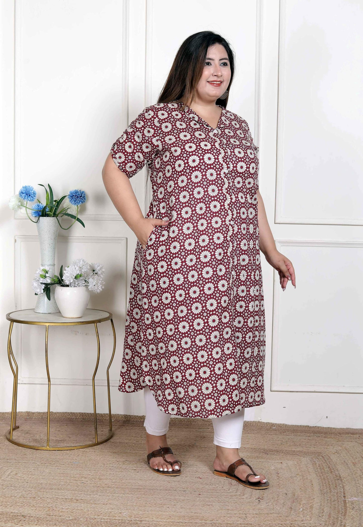 Miravan Women's Plus Size Cotton Floral Printed Cream A-Line Kurta with Buttons - Swadesiicart