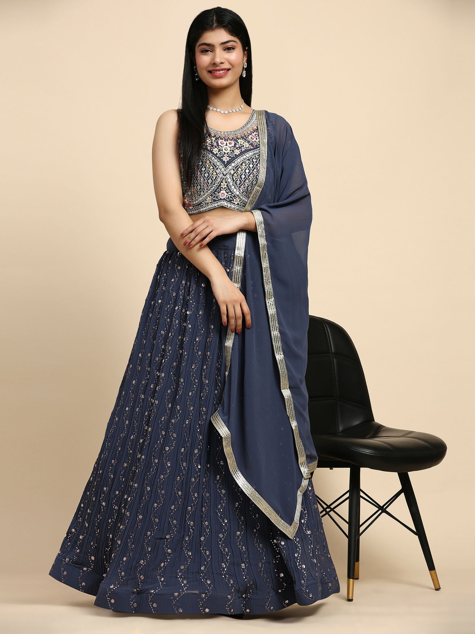 Dark Grey Georgette Embroidered Lehenga choli with Dupatta - Dhara | Swadesiicart