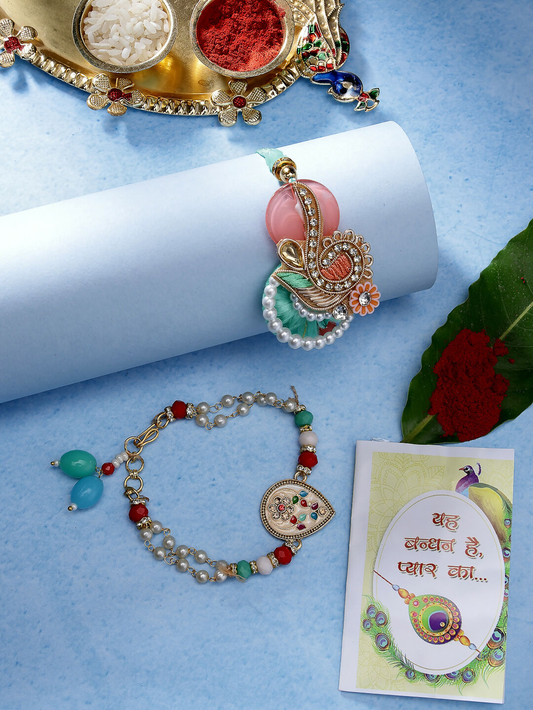 NVR Women & Men Set of 2 Multicolor Stone-Studded & Beaded Bhaiya Bhabhi Rakhi With Roli Chawal & Chocolate | Swadesiicart