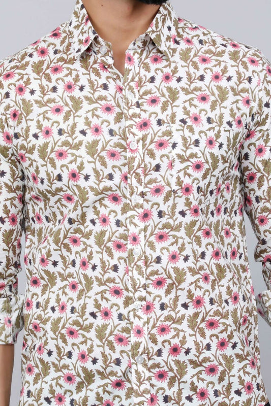 Miravan Men's Cotton Printed Full Sleeve Slim Fit Spread Neck White & Pink Colour Shirt | Swadesiicart