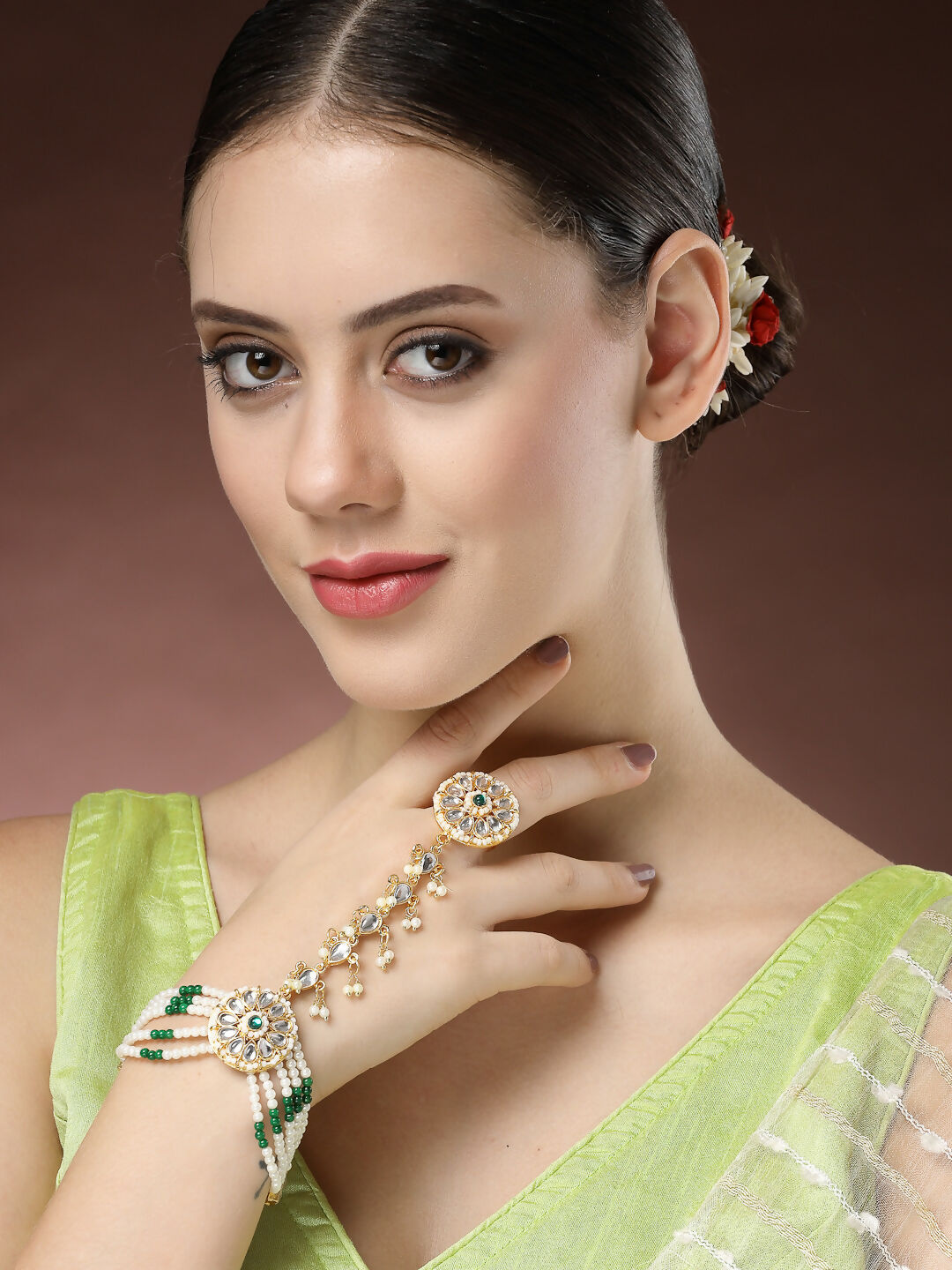 NVR Women's Green Gold-Polished Stone Studded Handcrafted Ring Bracelet - Swadesiicart