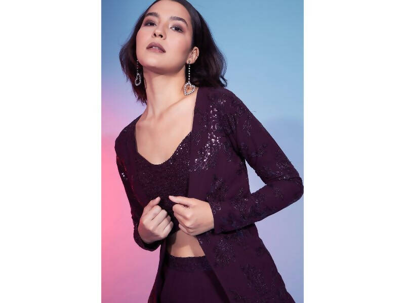 Maroon Georgette Sequence With Thread Designer Co-Ord Set - Flory - Swadesiicart