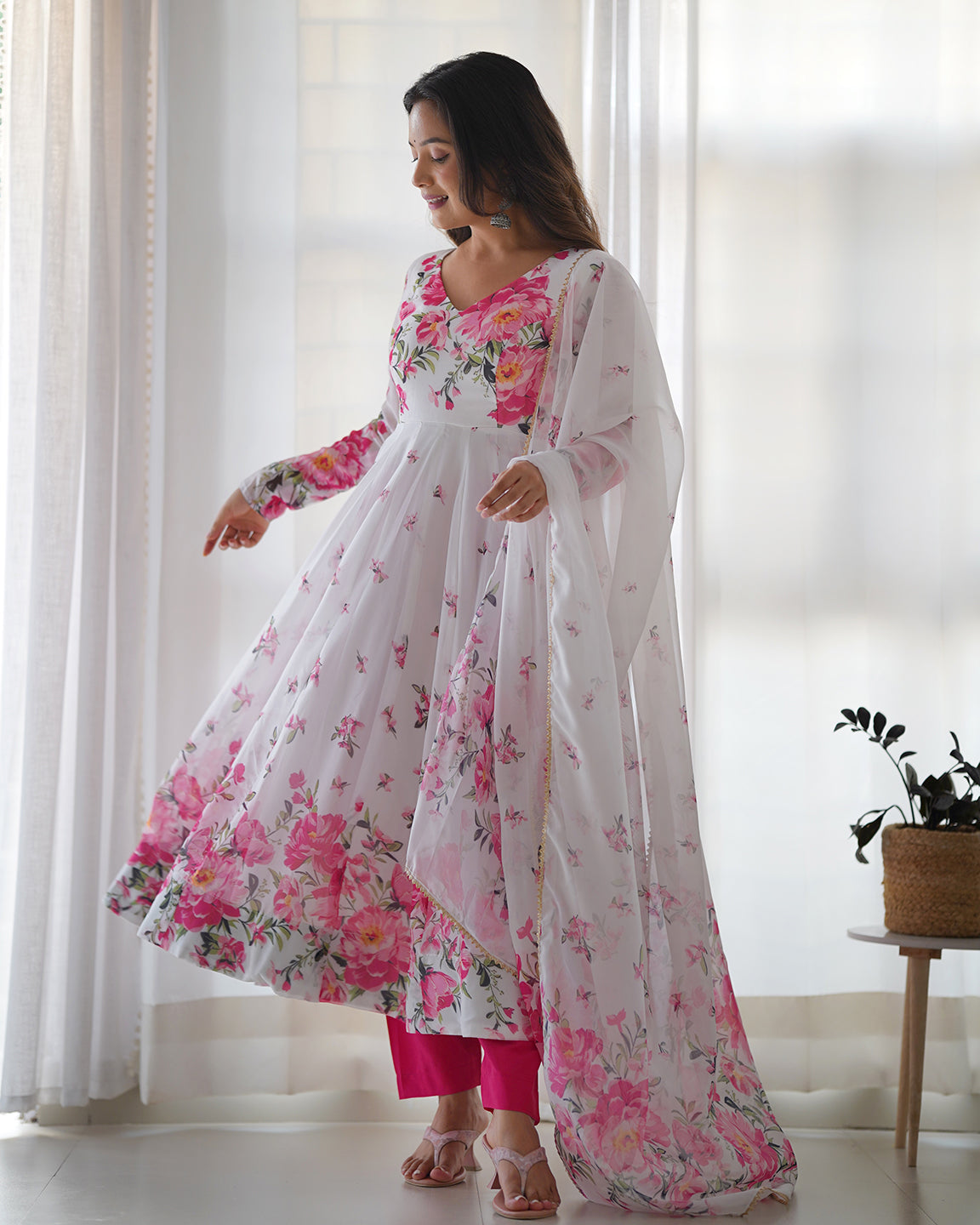 Lorenvalley Fashion Women Pure Soft Organza Silk Floral Print Fully Flair Anarkali With Pent Dupatta Set - White | Swadesiicart