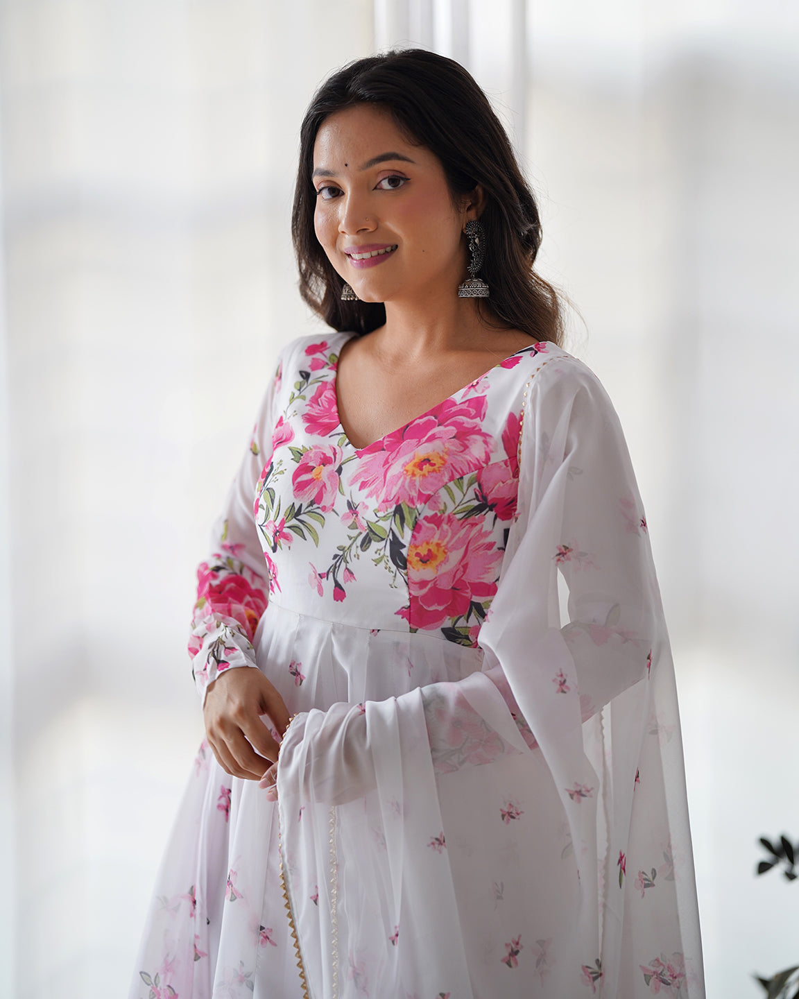 Lorenvalley Fashion Women Pure Soft Organza Silk Floral Print Fully Flair Anarkali With Pent Dupatta Set - White | Swadesiicart