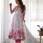 Lorenvalley Fashion Women Pure Soft Organza Silk Floral Print Fully Flair Anarkali With Pent Dupatta Set - White | Swadesiicart