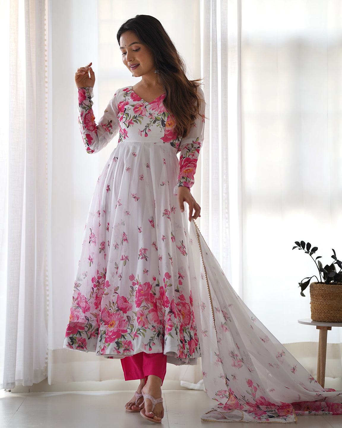 Lorenvalley Fashion Women Pure Soft Organza Silk Floral Print Fully Flair Anarkali With Pent Dupatta Set - White | Swadesiicart