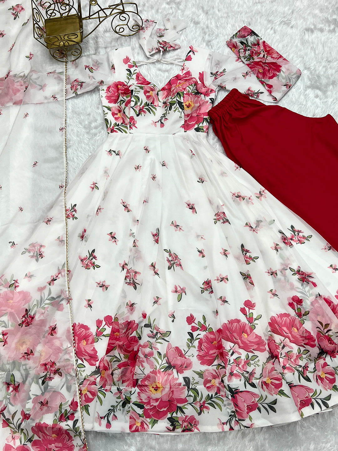 Lorenvalley Fashion Women Pure Soft Organza Silk Floral Print Fully Flair Anarkali With Pent Dupatta Set - White | Swadesiicart