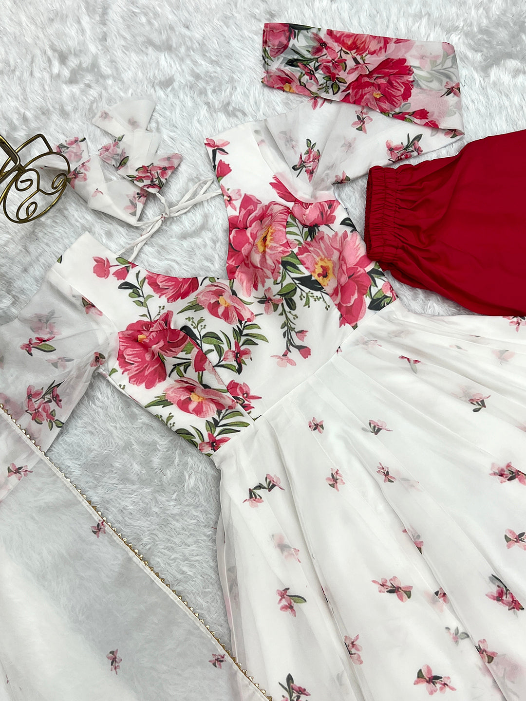 Lorenvalley Fashion Women Pure Soft Organza Silk Floral Print Fully Flair Anarkali With Pent Dupatta Set - White | Swadesiicart